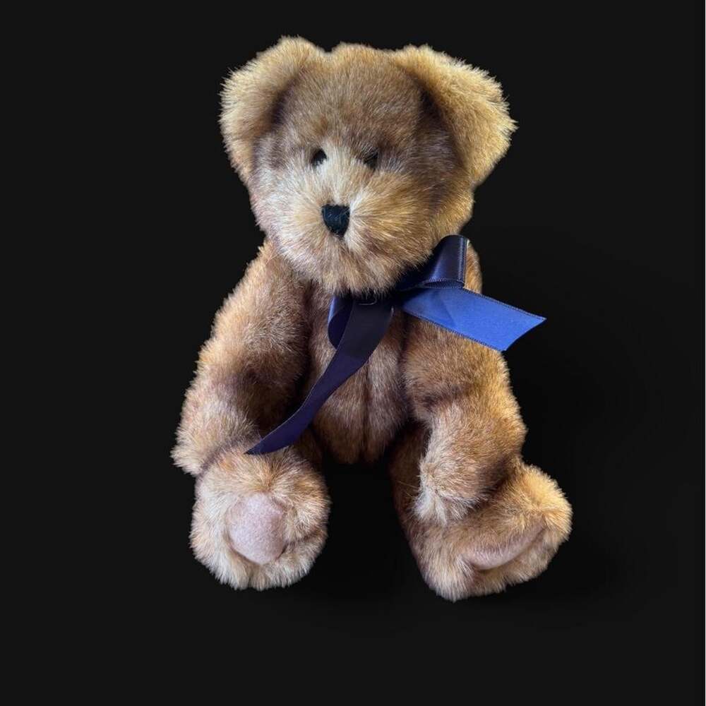 Boyds Head Bean Collection Brown Plush Teddy Bear 9in Blue Bow Tag Stuffed Toy